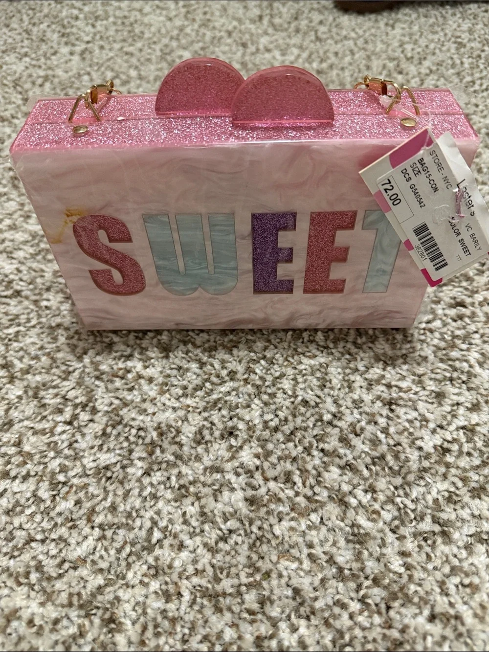 Bari Lynn Pink Acrylic 'SWEET' Box Clutch with Gold Chain Strap